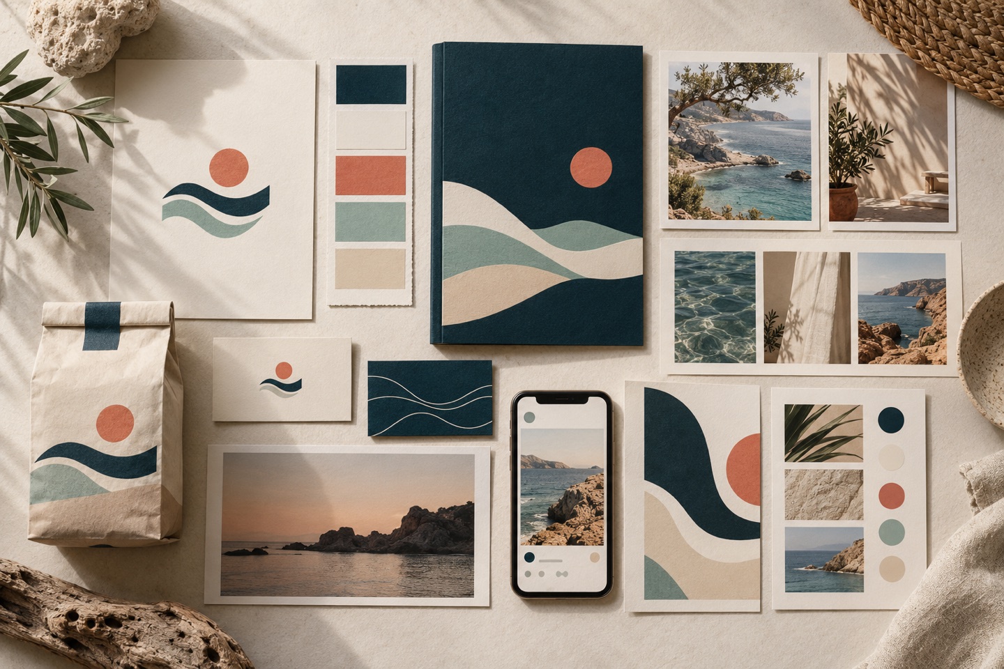 Tablero conceptual de identidad visual con paleta, tipografía y aplicaciones