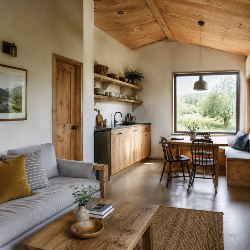 Sala y kitchenette de cabaña