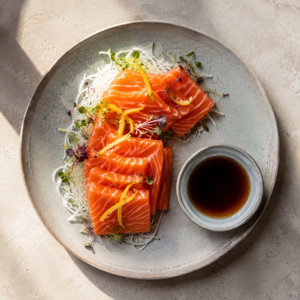 Sashimi de salmón en una composición editorial